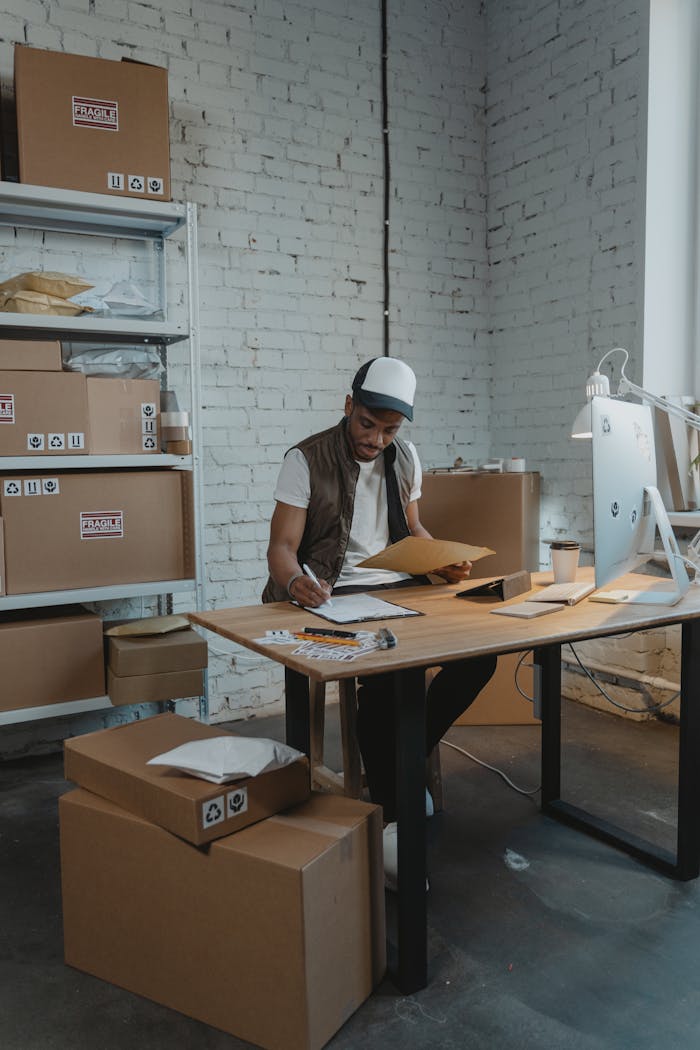 A warehouse employee processing orders amidst parcels and cardboard boxes.